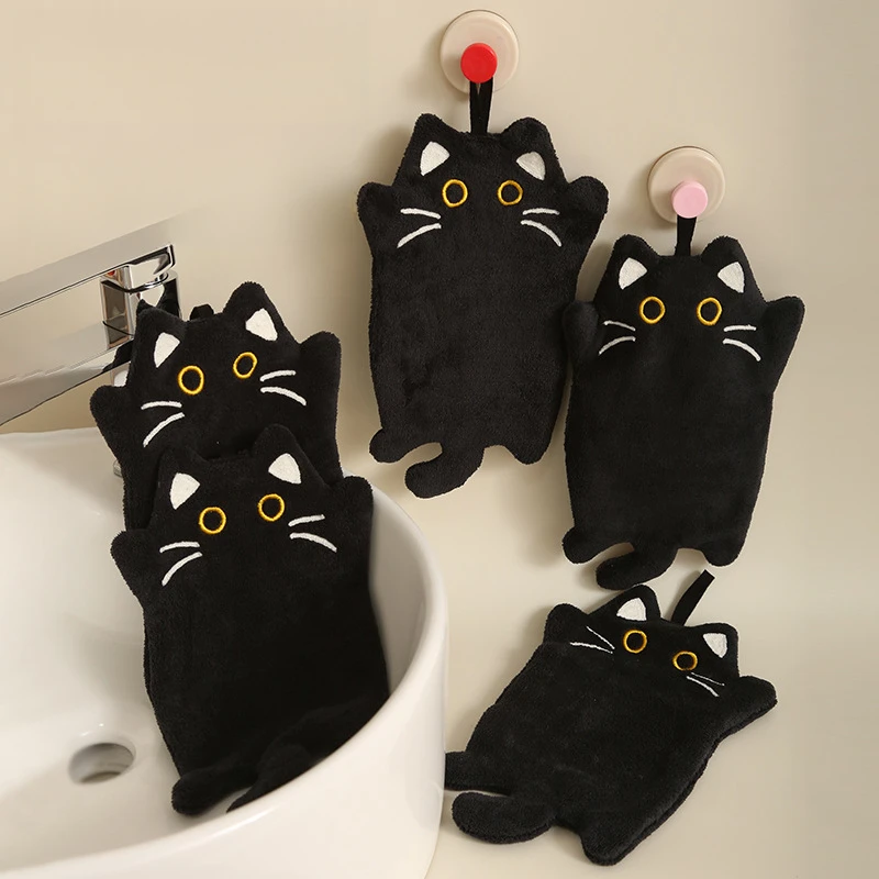 Thick Coral Fleece Black Cat Hand Towel Lint Free Super Absorbent Hanging Wash Cloth Heat Resistant Mat For Kitchen Bathroom