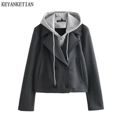 KEYANKETIAN 2024 New Launch Women's Fake Two Pieces Patchwork Hooded Jackets Spring Street style Double Breasted Outerwear Top