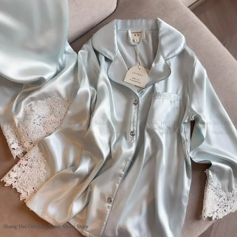 

Spring Autumn Female Pajamas Set Long Sleeve Trouser Pijamas Suit Elegant Ice Silk Lace Sleepwear Lounge Wear Loose Home Clothes