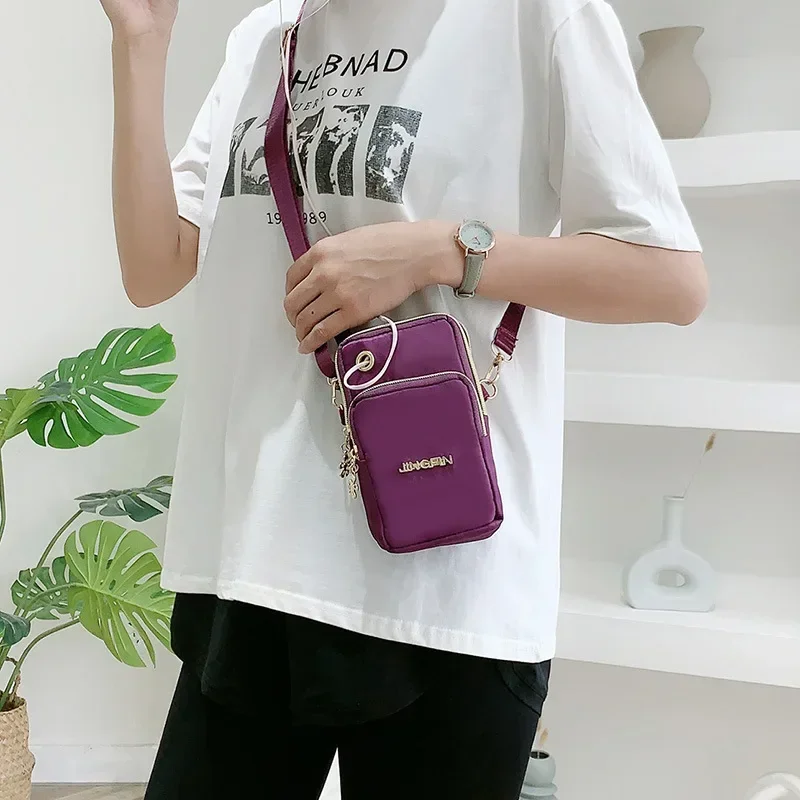 New Mobile Phone Bag Female Crossbody Mini Bag Three-layer Zipper Nylon Vertical Model Change Bag