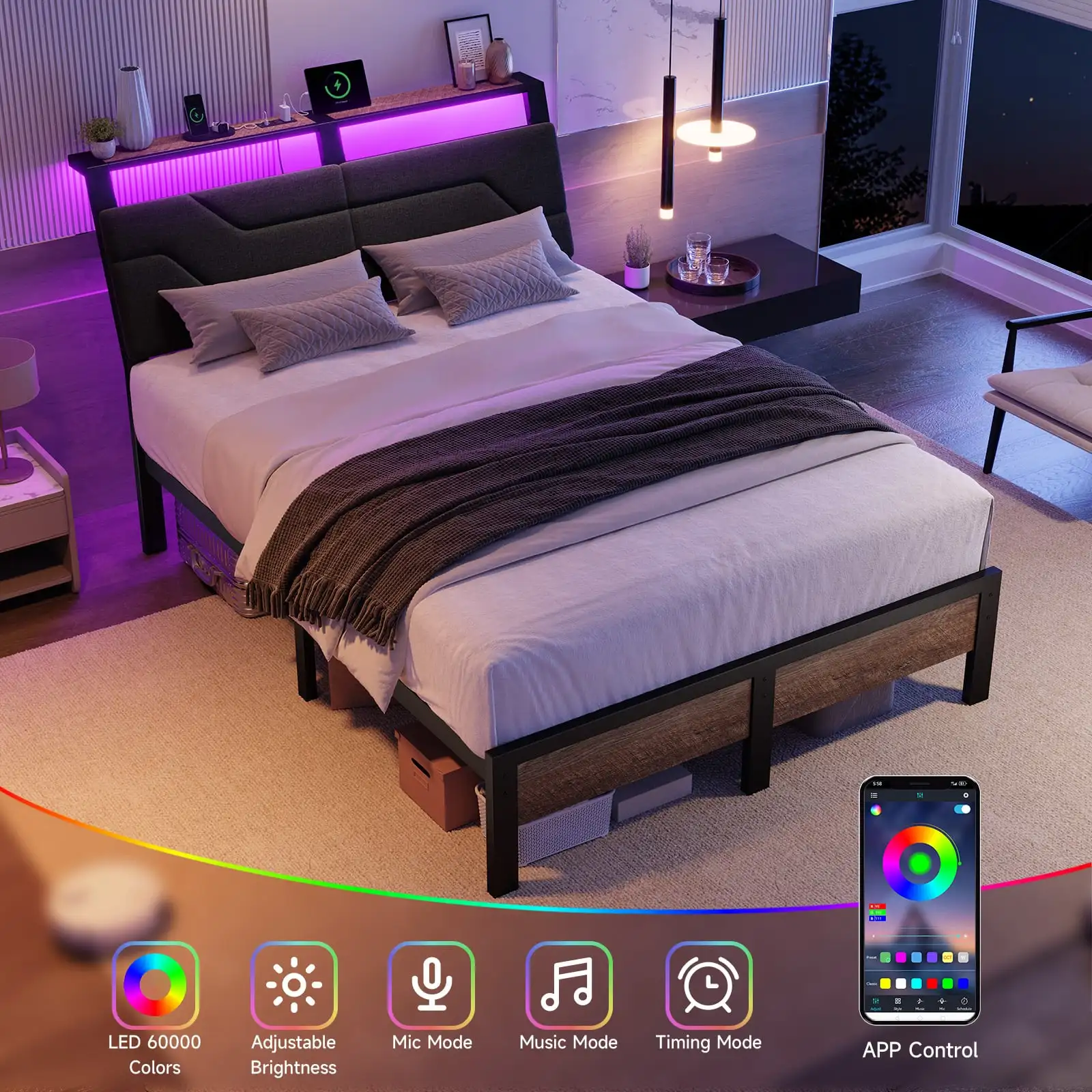 Queen Bed Frame with Headboard and LED Lights, Ergonomic Upholstered Queen Platform Bed Fame with Charging Station & Storage image 3