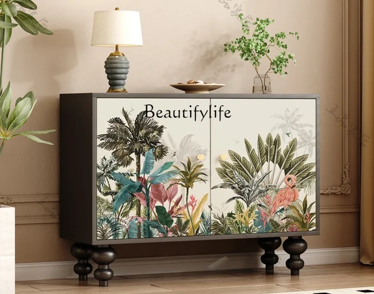 Nanyang Style Solid Wood Wall Sideboard Cabinet Living Room Flowers and Birds Jungle Decoration Entrance Cabinet