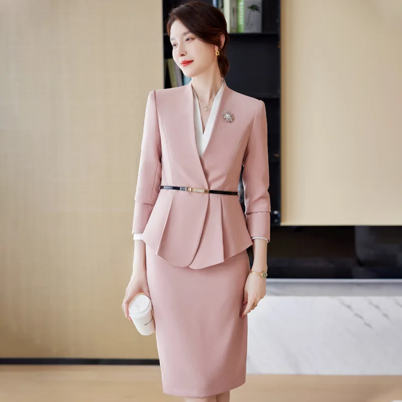 Autumn Winter Skirt Suit Set For Women Long Sleeve Ruffle Hem Blazer&Midi Skirt Office Ladies 2 Pieces Work Wear Fashion Suits