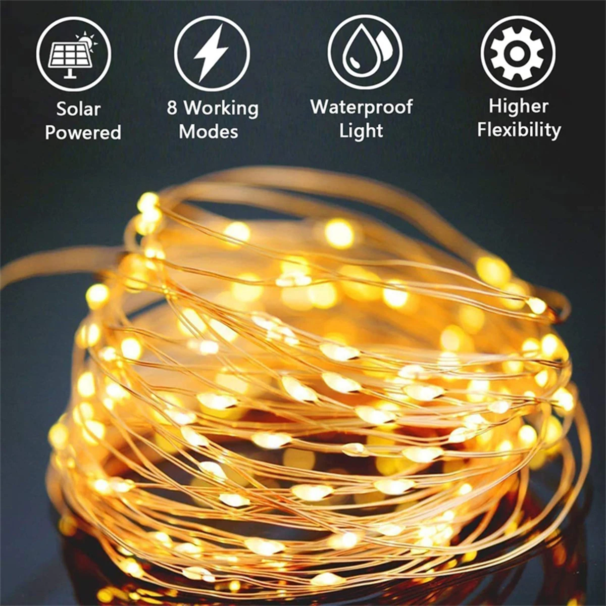 Outdoor Solar Copper Wire Lights, Lâmpada de jardim impermeável, Led Light para férias, Casamento, Quarto, Casa, Decoração do quarto