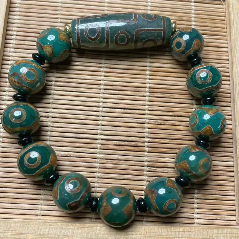 Factory Wholesale First-hand supply of antique green vintage items 14mmThree-eye combination40mmNine-Eyed Dzi Bead Bracelet for