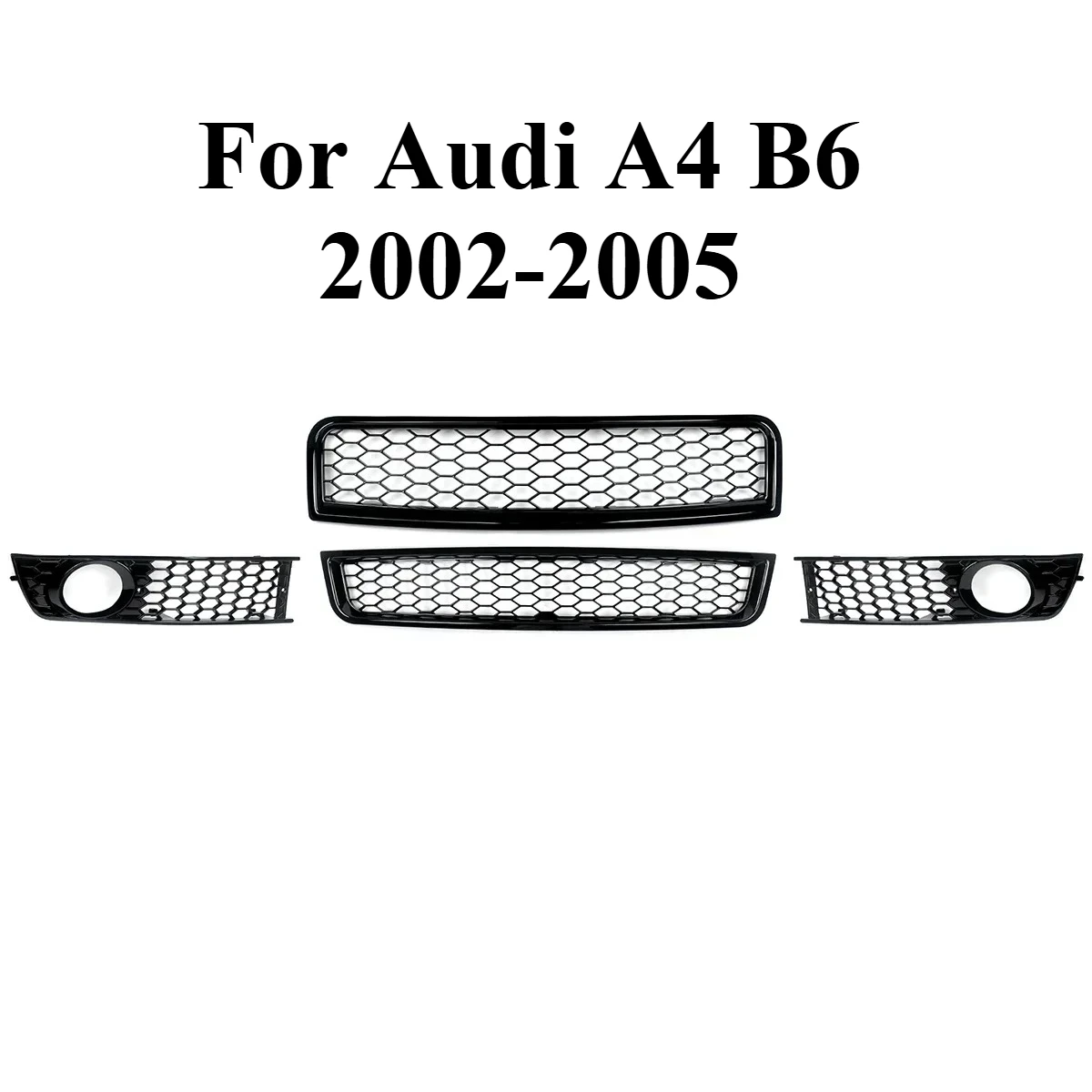 

For Audi A4 B6 2002-2005 RS Front Grille Set - Gloss Black Honeycomb Mesh Upper+Lower+Middle Grilles with Fog Light Covers