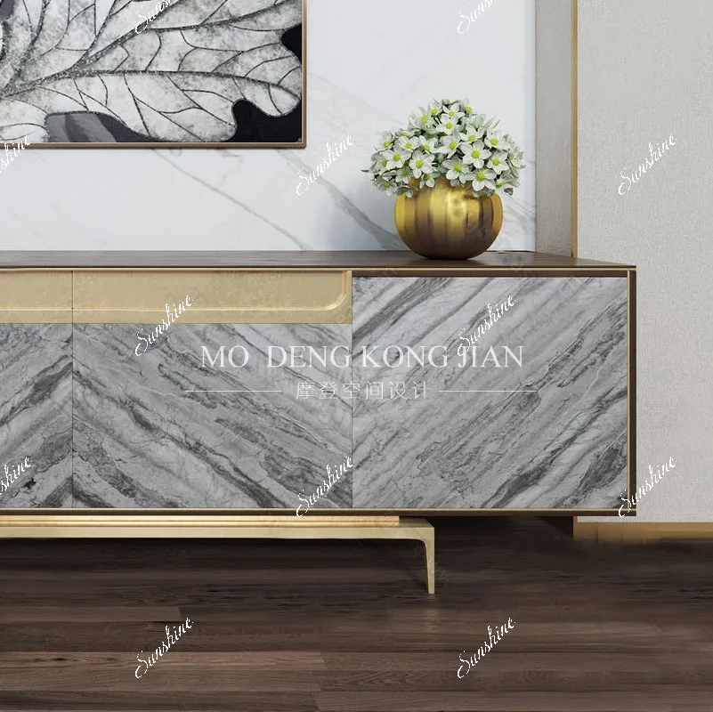 Light luxury American solid wood painted marble pattern TV cabinet