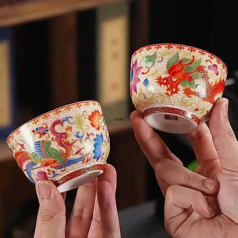 Ceramic Filigree Enamel Master Cup Single Cup Household Tea Bowl Large Tasting Cup Dragon and Phoenix Pair Cup Business Festival