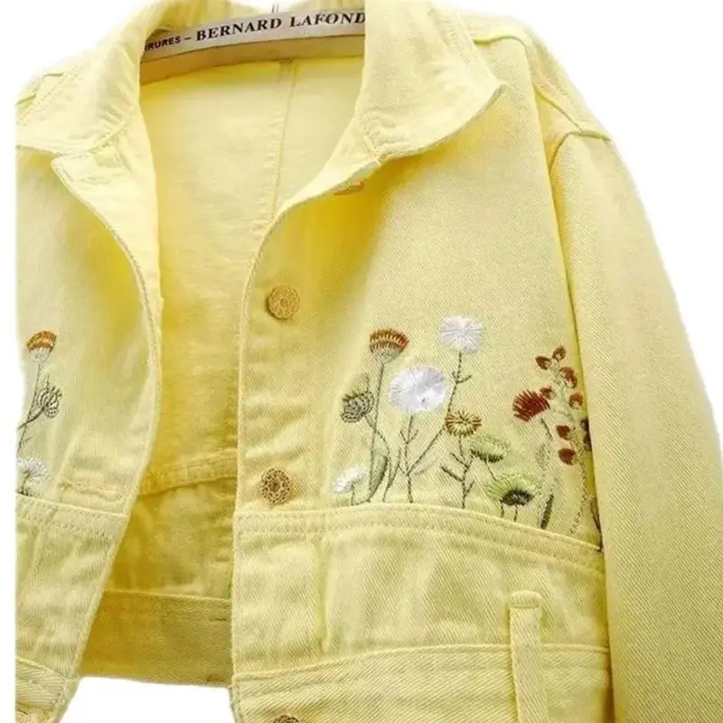 2024Spring Autumn New High Fashion Embroidered Loose Yellow Flowers Long Sleeve Denim Jacket Women Short Jacket Outerwear Female