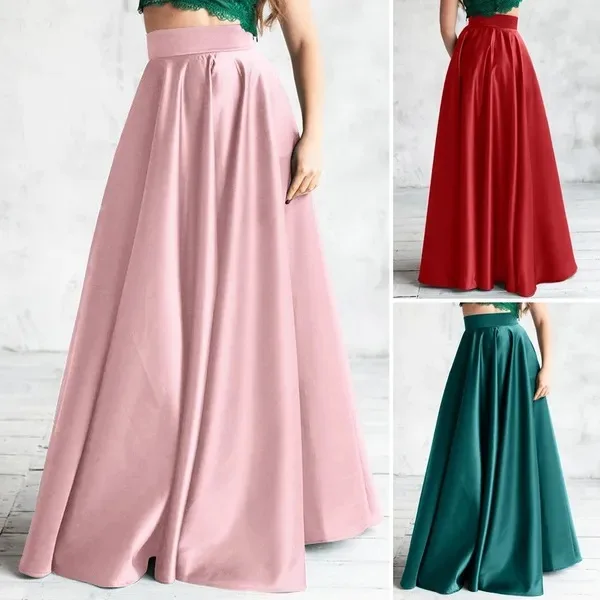 New Women's High Waist Evening Satin Half Skirt Casual Loose A-line Extra Long Half Skirt