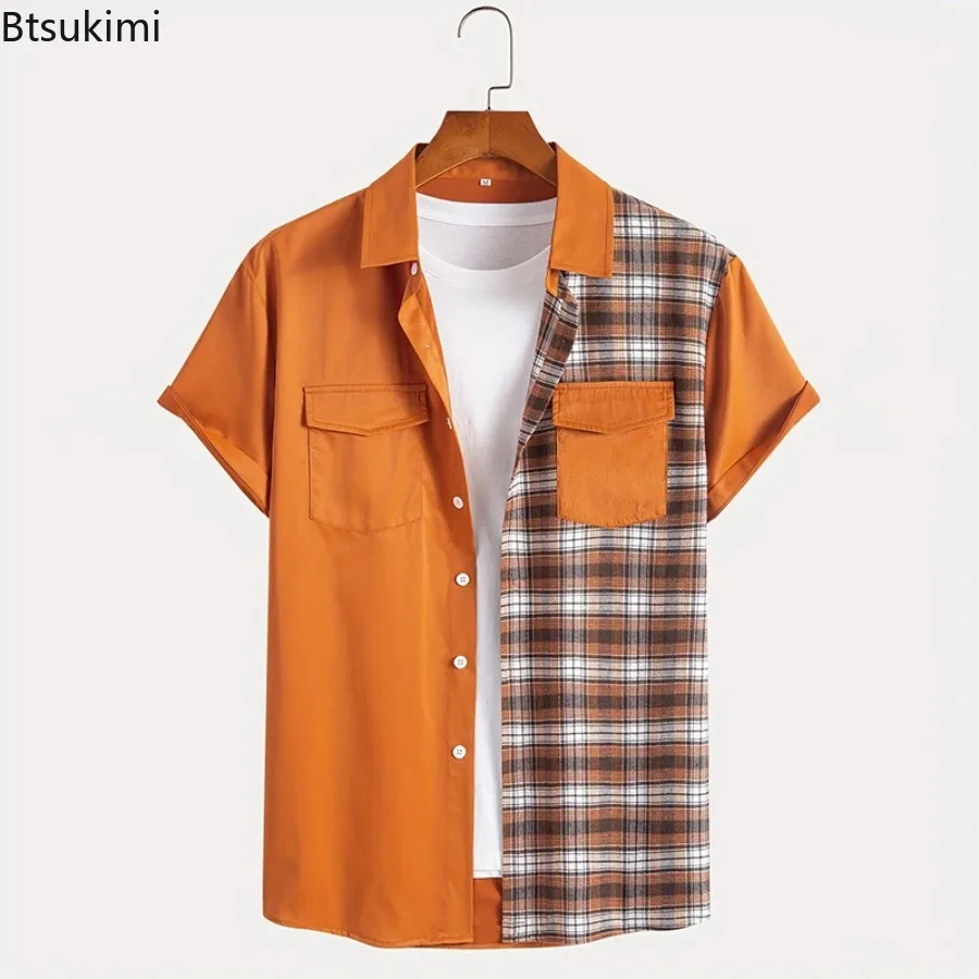 2026 Men's Summer Casual Short Sleeve Shirts Plaid Patchwork Lapel Luxury European Cardigan American Retro Leisure Loose Blouse