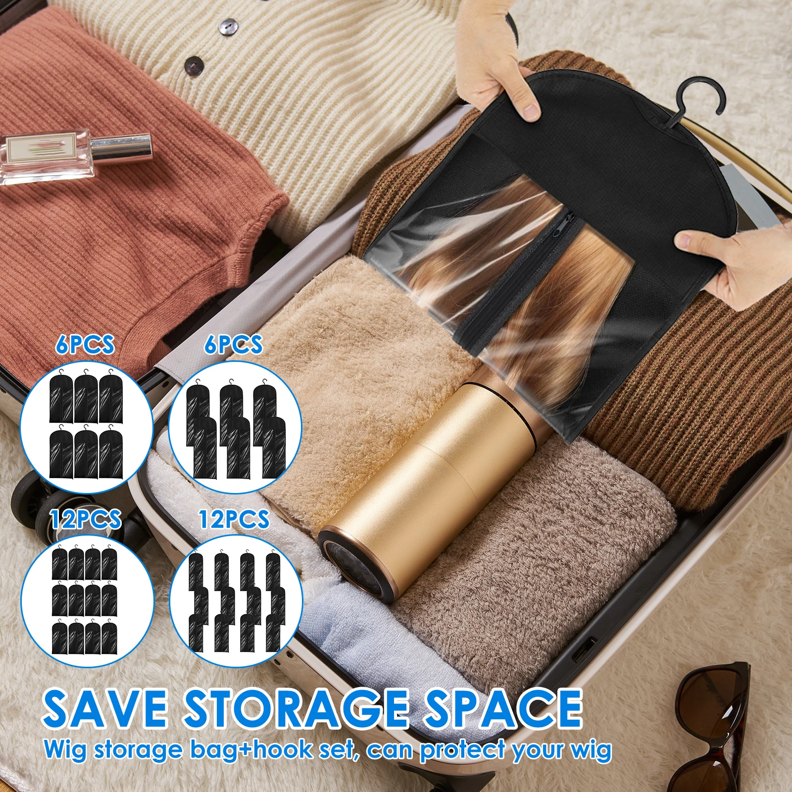 6/12Pcs Wig Storage Bag With Hooks Dustproof Wig Storage Bags with Clear PVC Window Nonwoven Hair Extension Storage for Wigs