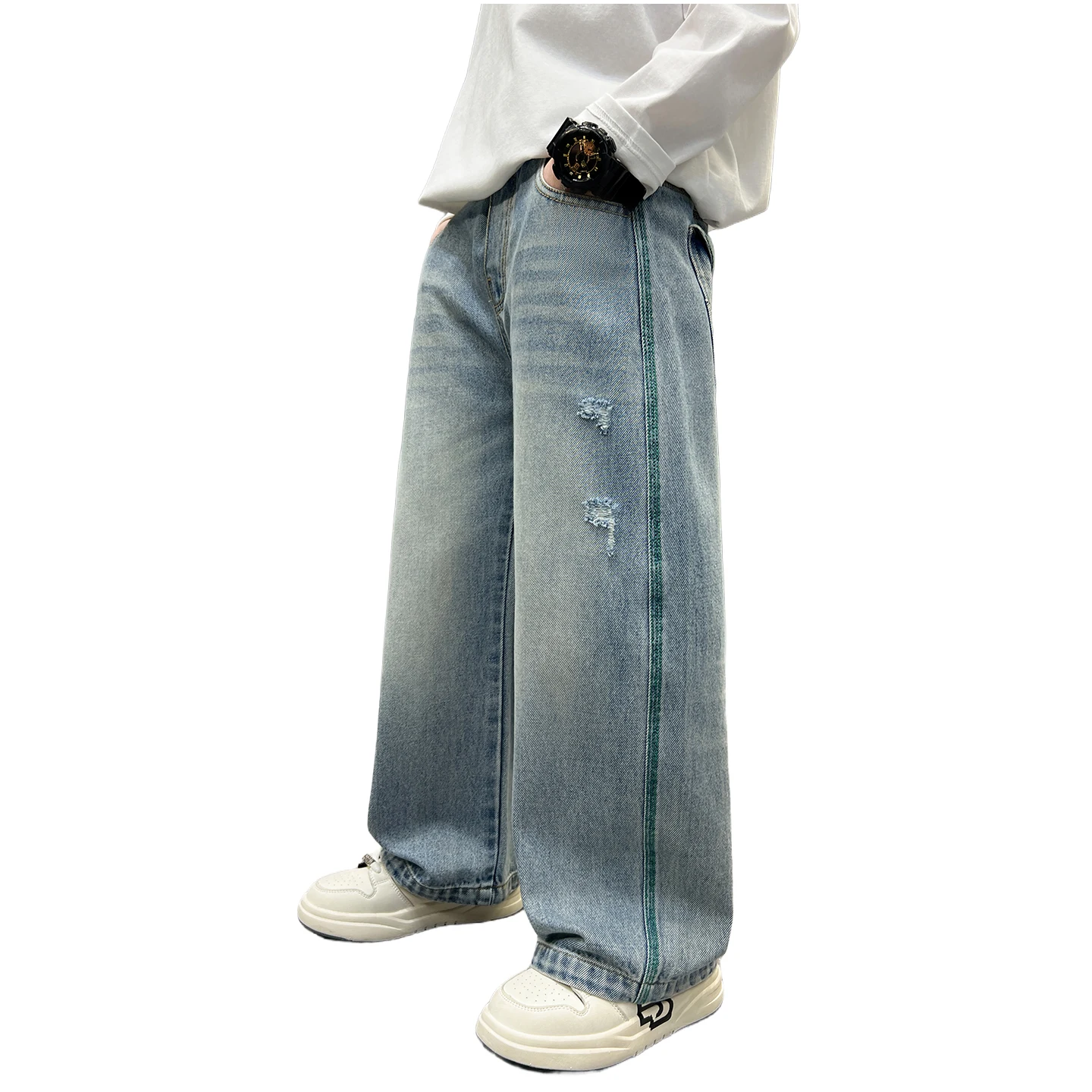 2026 Boys Wide Leg Jeans Light Blue Distressed Denim Pants Green Stitching Back Pockets Street Style Kids Trousers 4-14Y Fashion