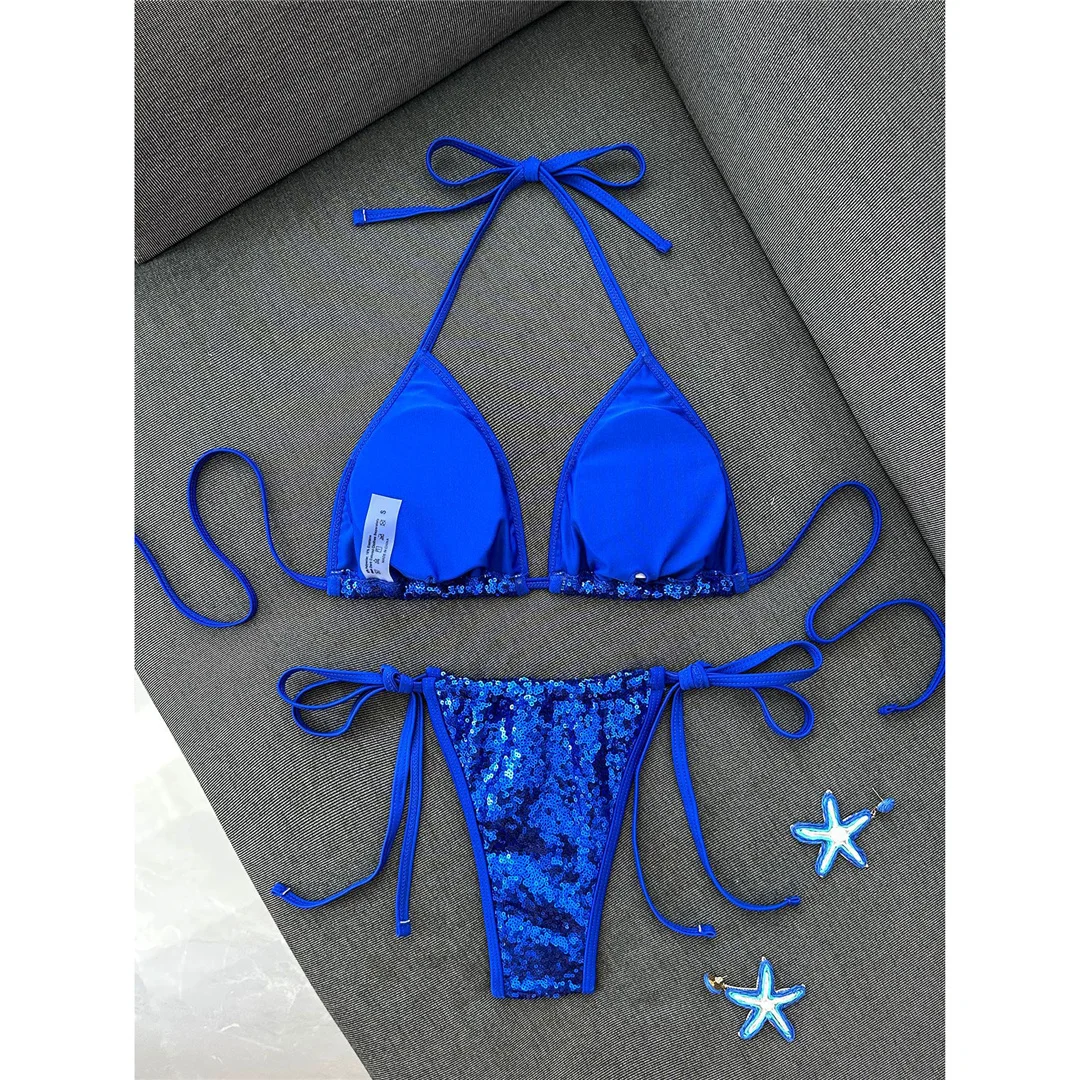 Pailletten-Bikini mit Neckholder, Damen-Badeanzug, zweiteiliges Bikini-Set, hoch geschnittene Beine, gepolsterter Badeanzug, Badebekleidung, Modell V8302. – Detail 15