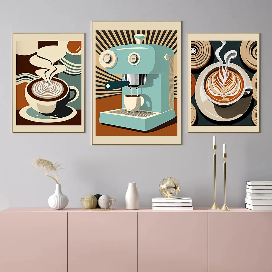 Set of 3 Mid Century Modern Kitchen Latte Art And Coffee Machine Poster Print Wall Pictures Canvas Painting Room Home Decor Gift