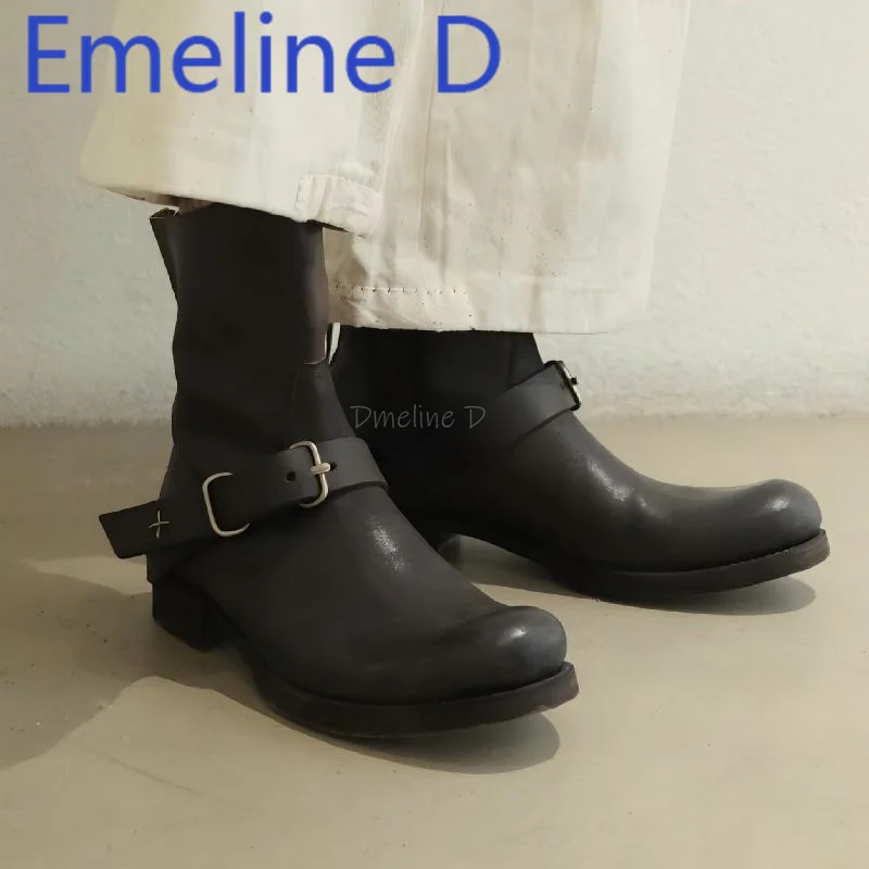Back Zipper Upturned Chelsea Boots Retro Pleated Belt Buckle Decoration Motorcycle Boots Thick Soled Midsole Knight Boots
