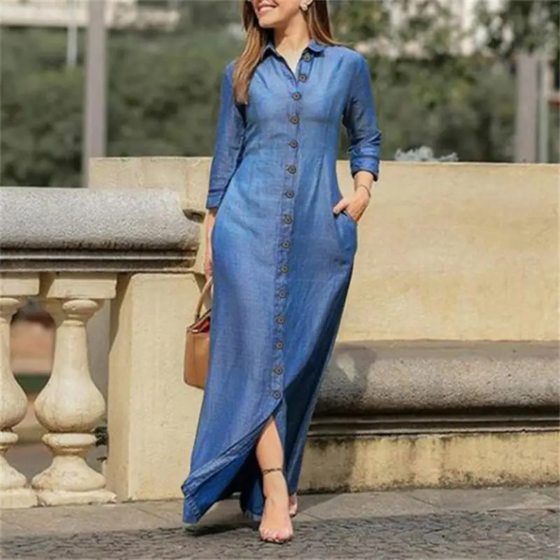 Ladies Denim Solid Color Dress 2023 Summer New Shirt Collar Button Long Denim Skirt Mom Skirt Dress Women Elegant Casual Wear