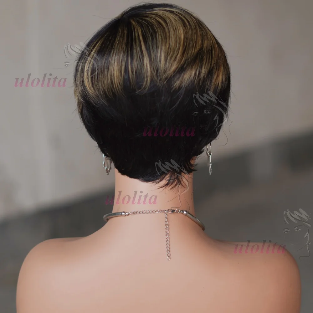 Kurze Echthaarperücke, vollständig maschinell gefertigte Perücke, gerade Pixie-Cut-Perücke aus Echthaar für Frauen, kurze Bob-Perücken mit Pony, Haarschnitt-Perücken – Detail 11