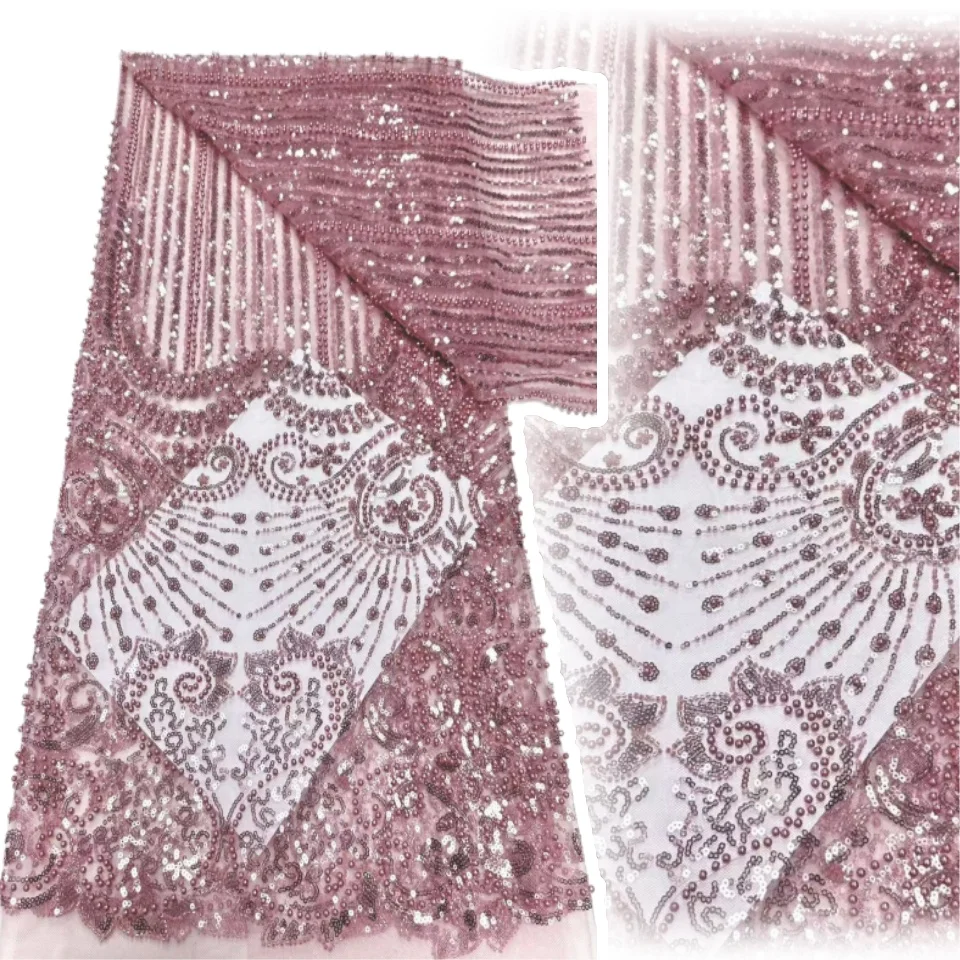 

2025 High Grade Shiny Sequins Tulle Lace Fabric with Tube Beads Sequins Embroidery French Net Lace for Party Wedding TP1235