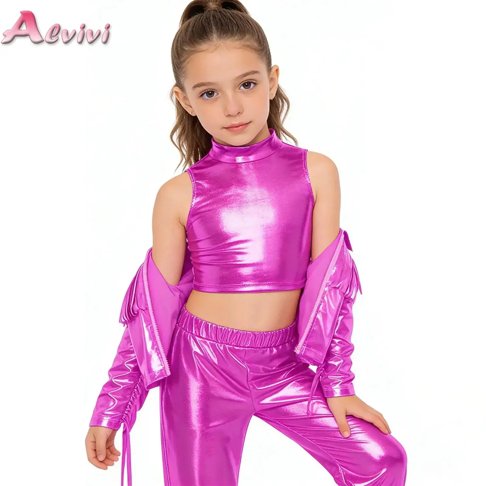 

Kids Girls Metallic Clothes Set Jazz Hip Hop Dance Performance OutfitSleeveless Vest with Tassels Jacket And Pants for Party