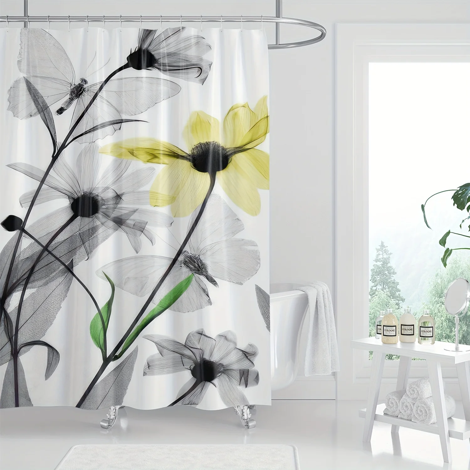 

1 шт. Яркая занавеска для душа с принтом полевых цветов — полиэстер, можно стирать в машине с крючками в комплекте, художественный цветочный дизайн черного цвета,