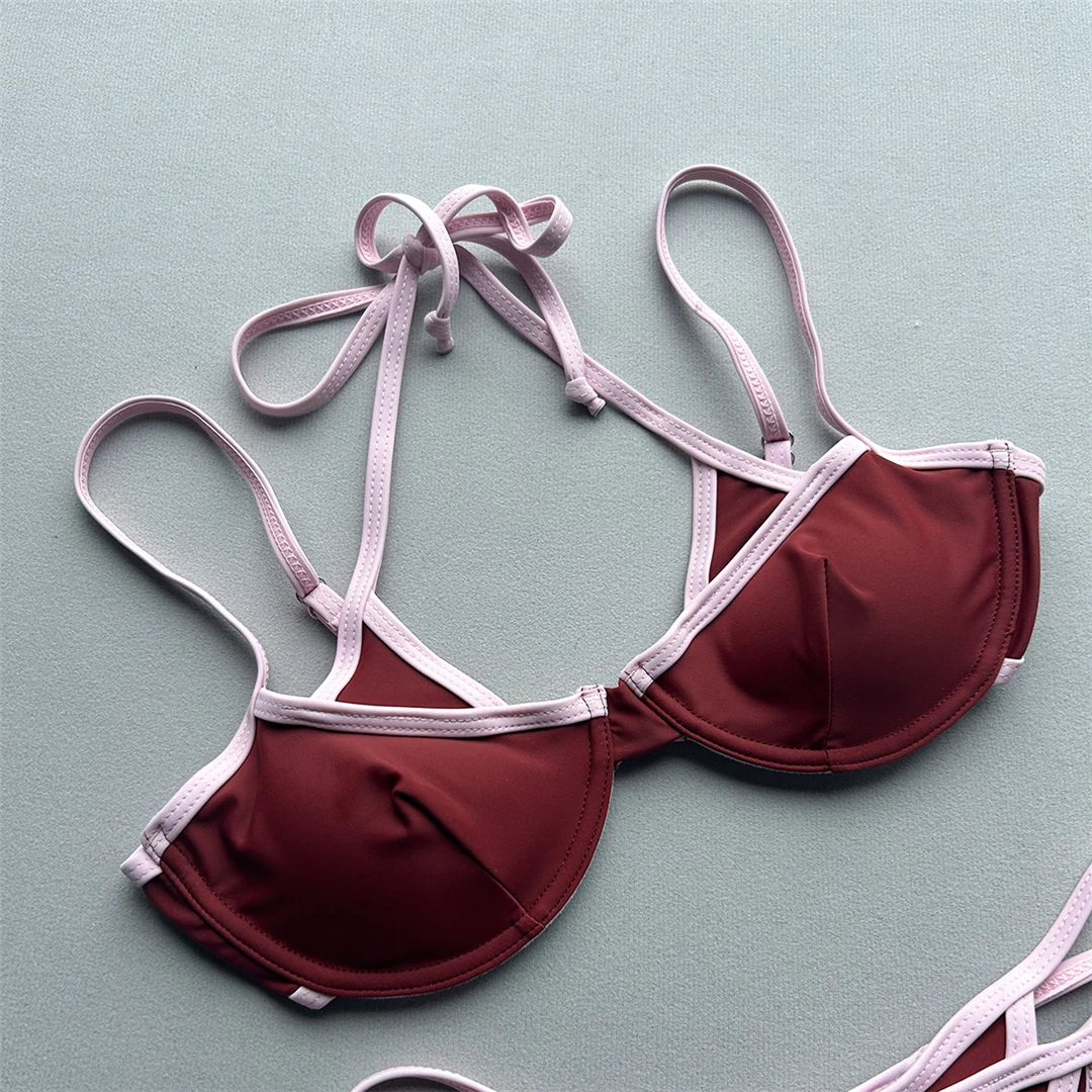 Halterneck-Bikini, zweiteiliger Badeanzug für Damen, mit Bügel, mit Trägern, Badebekleidung, Badeanzug, Modell V8173 – Detail 12