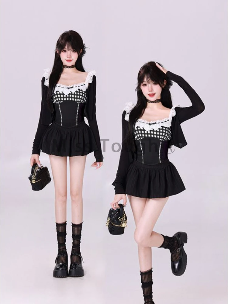 France Fashion Slim Sling Square Neck 2 Piece Set Women Kawaii Sweet Lace Plaid Patchwork Tops Female + High Waist Short Skirt