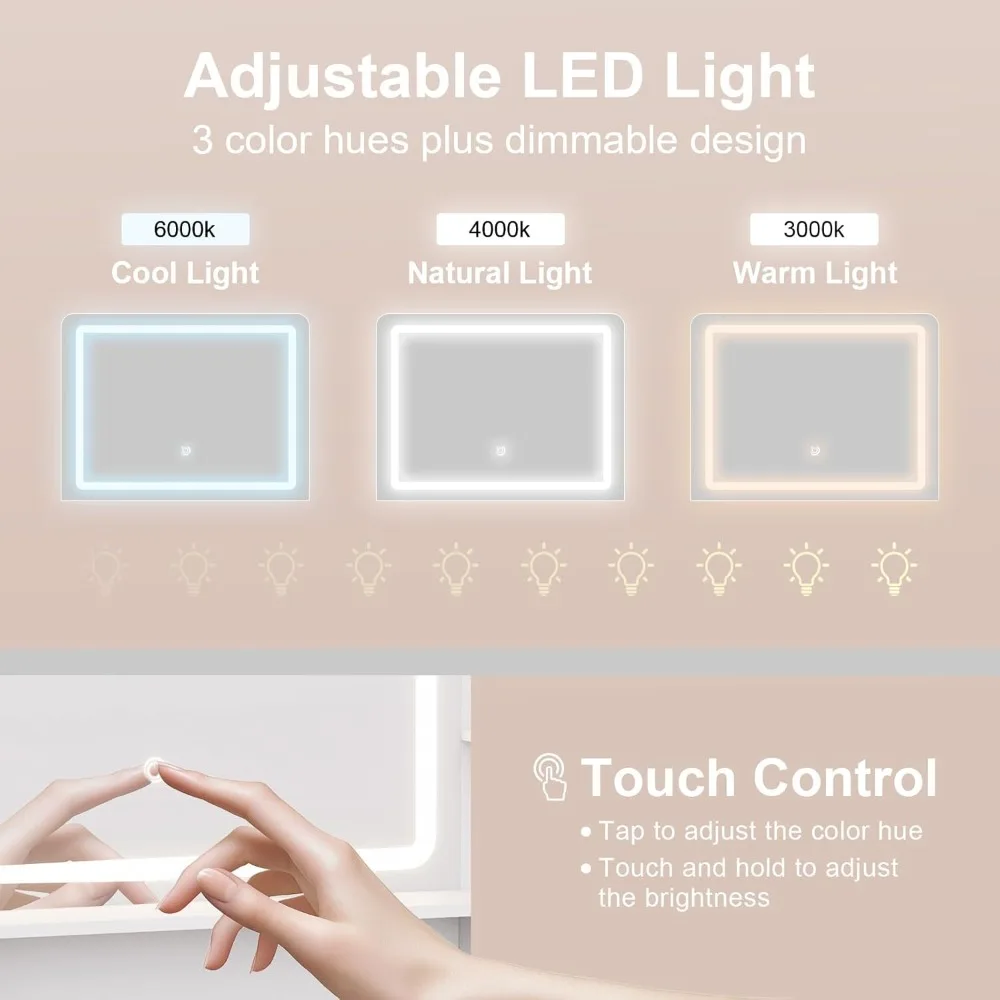 طاولة زينة بمرآة LED مع مخرج طاقة، 5 أرفف، 4 أدراج، مقعد مبطن، مثالية لمكياج وغرفة النوم والخلع الملابس