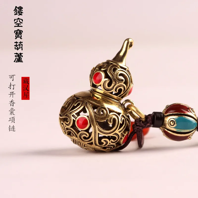 Openable Hollow Copper Gourd Ten Auspicious Symbols Gau Box Incense Sachet Pendant Necklace Unisex Handmade Daily Jewelry Gift
