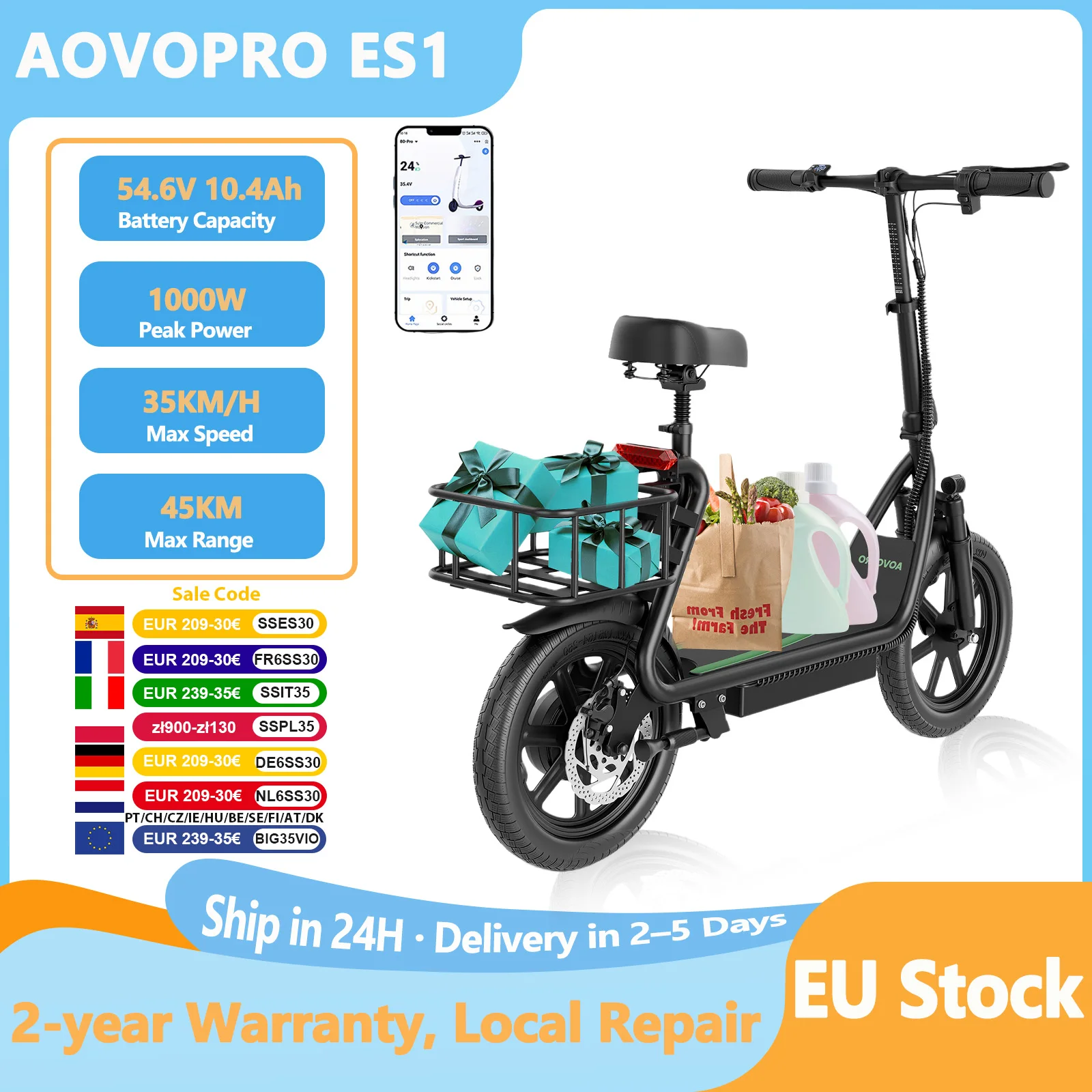 Vélo électrique AOVOPRO ES1PLUS 500W avec siège, scooter électrique pour adultes, batterie 54.6V22.5Ah, autonomie 100KM, vitesse 35km/h, roues de 14 pouces, avec application