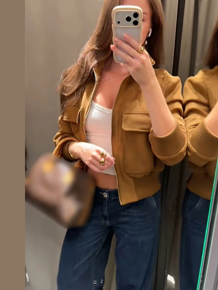 Schicke Jacke aus Kunstwildleder mit geripptem Bündchen für Damen, Retro-Stehkragen, Taschen, Reißverschluss, elastische Taille, Herbst-Alltags-Streetwear 2026 – Detail 15