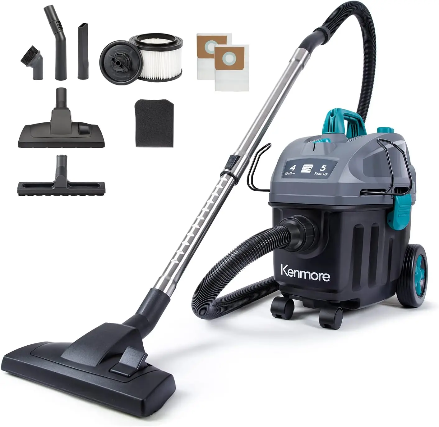 

KW3050 Wet Dry Canister Vac 4 Gallon 5 Peak HP 2-Stage Motor Vacuum Cleaner with Washable HEPA Filter & Dust Bags for