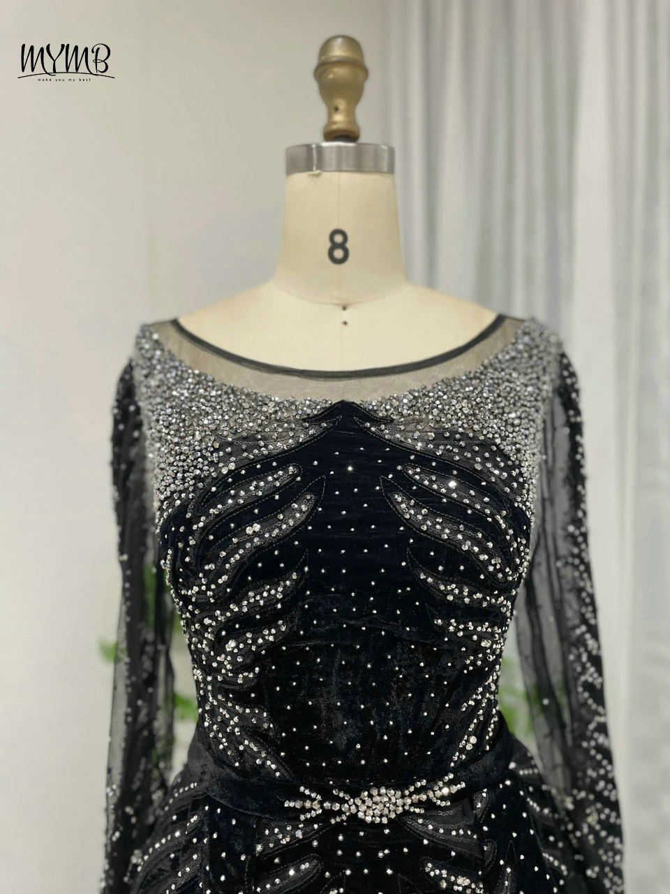 MYMB Black Scoop Neck A-Line Women Formal Party Elegant Gown Long Sleeves Beaded Illusion Back Evening Dress vestidos de novia