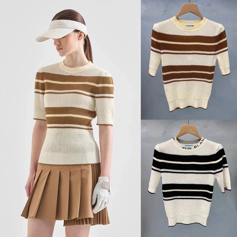 

New Original Golf Clothing Women's Knitwear Book Style Cool Breathable Golf Stripe Round Neck Versatile Top