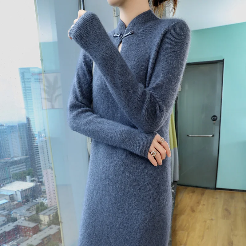 Autumn Women\'s 100% Mink Cashmere Sweater Stand-up Collar Dresses Winter Lady Thick Pullover Female Fashion Solid Knitted Dress