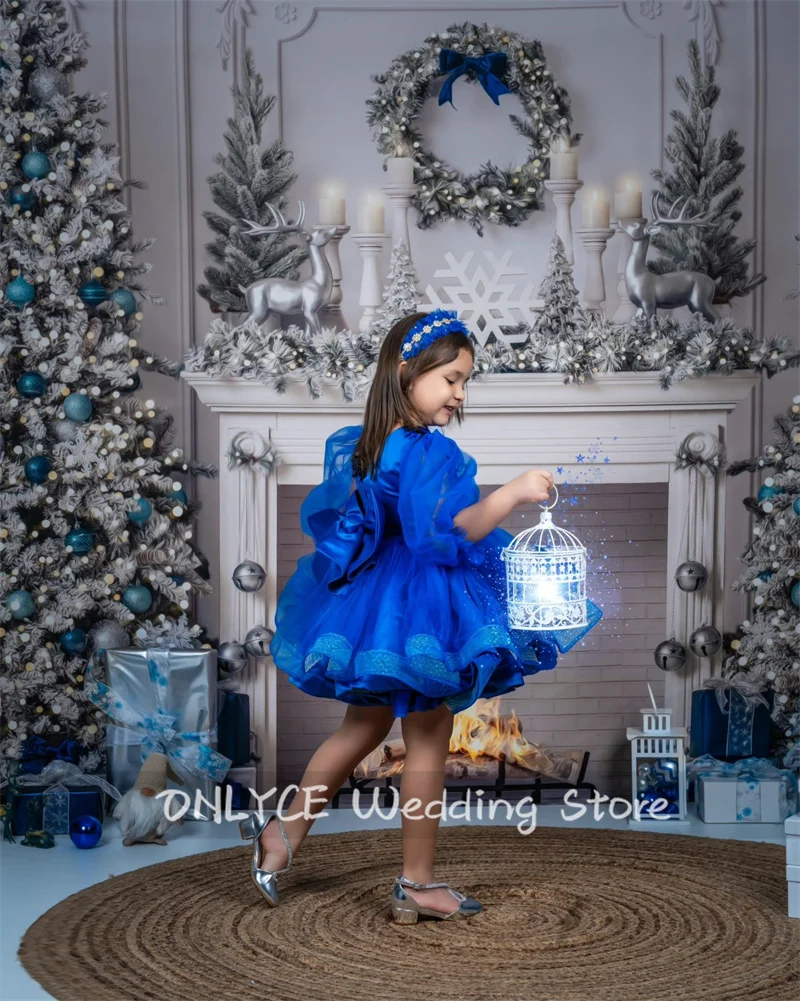 New Arrival Blue Flower Girls Dress Bow Puffy Sleeves Ruffles Child Dress For Wedding Birthday Party First Communion PhotoShoot