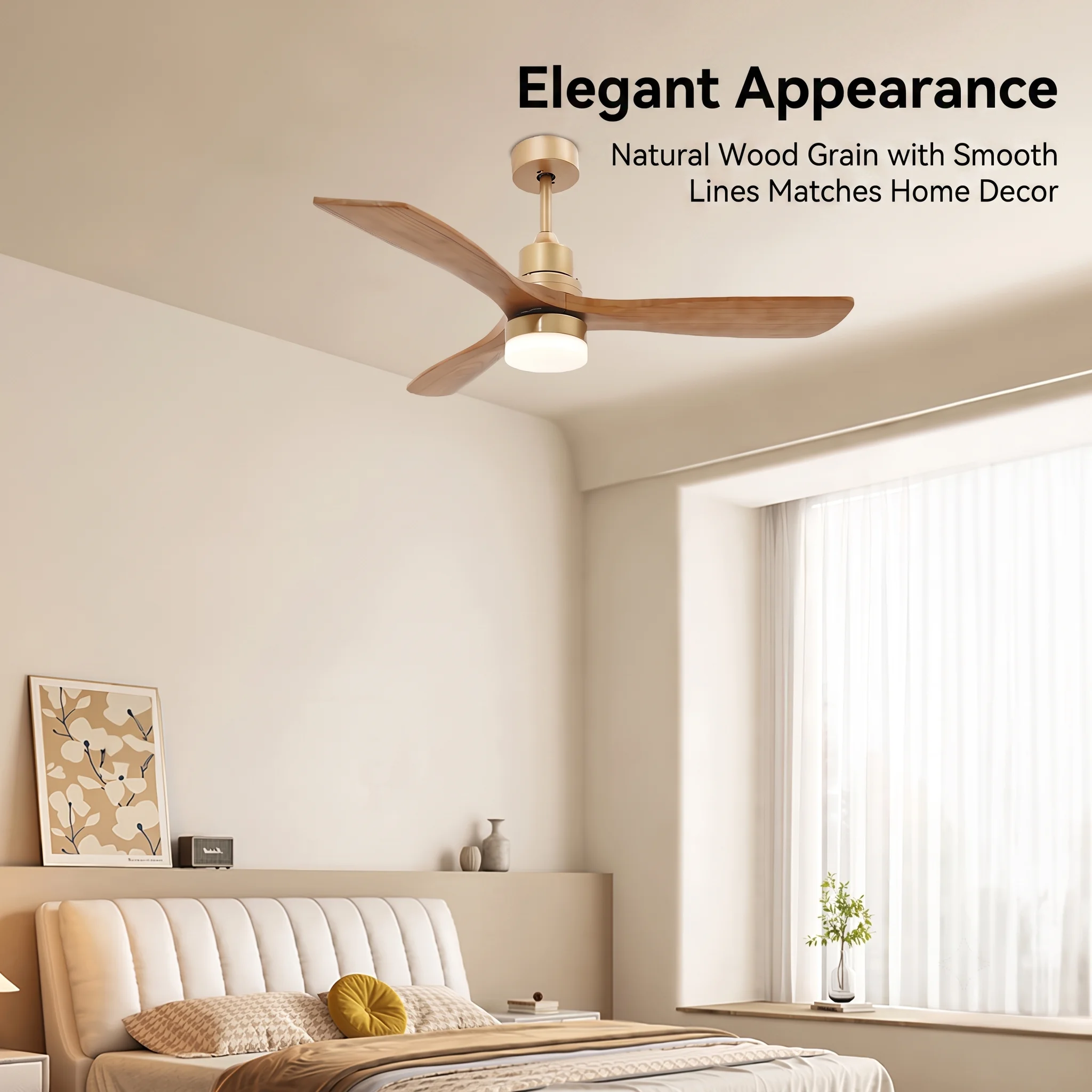Wood Gold Ceiling Fan with LED Light Remote Control 6 Speed 1/2/4H Timer 3 Color Temp 3 Blades Reversible Quiet Copper Motor Ceiling Fan Light view 8