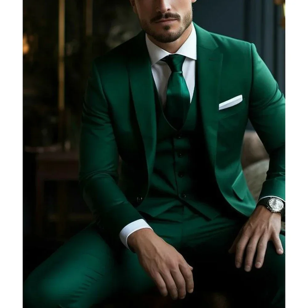 Green Notch Lapel Single Breasted Suits for Men 3 Piece Formal Daily Casual Slim Business Outfits Elegant Groom Wedding Tuxedo