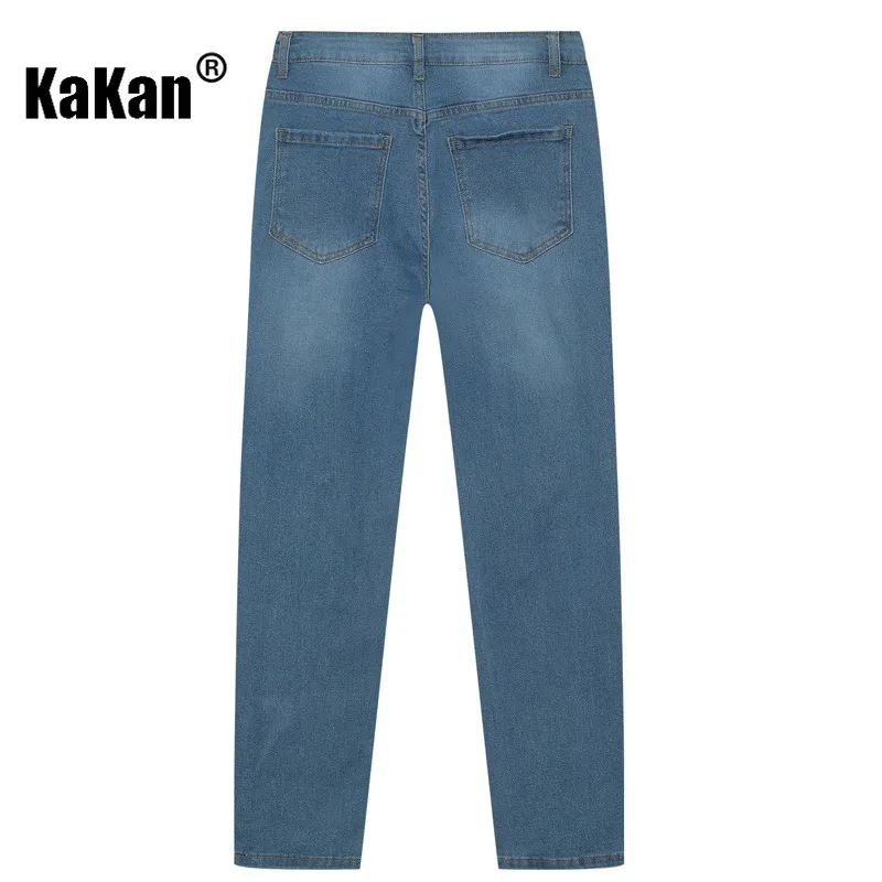Kakan - New Men's Perforated Small Leg Jeans, Y2k Clothing Tight Fitting Trendy Blue Long Jeans Summer Denim Pants