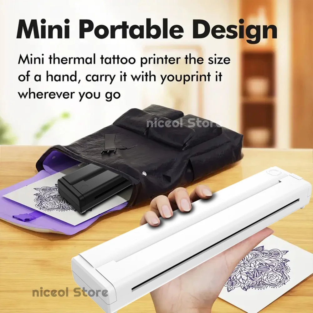 Inkless Thermal Printer for A4 Paper Small Inkless Printer Wireless Tattoo Transfer Stencil Printer for School Office Work Home