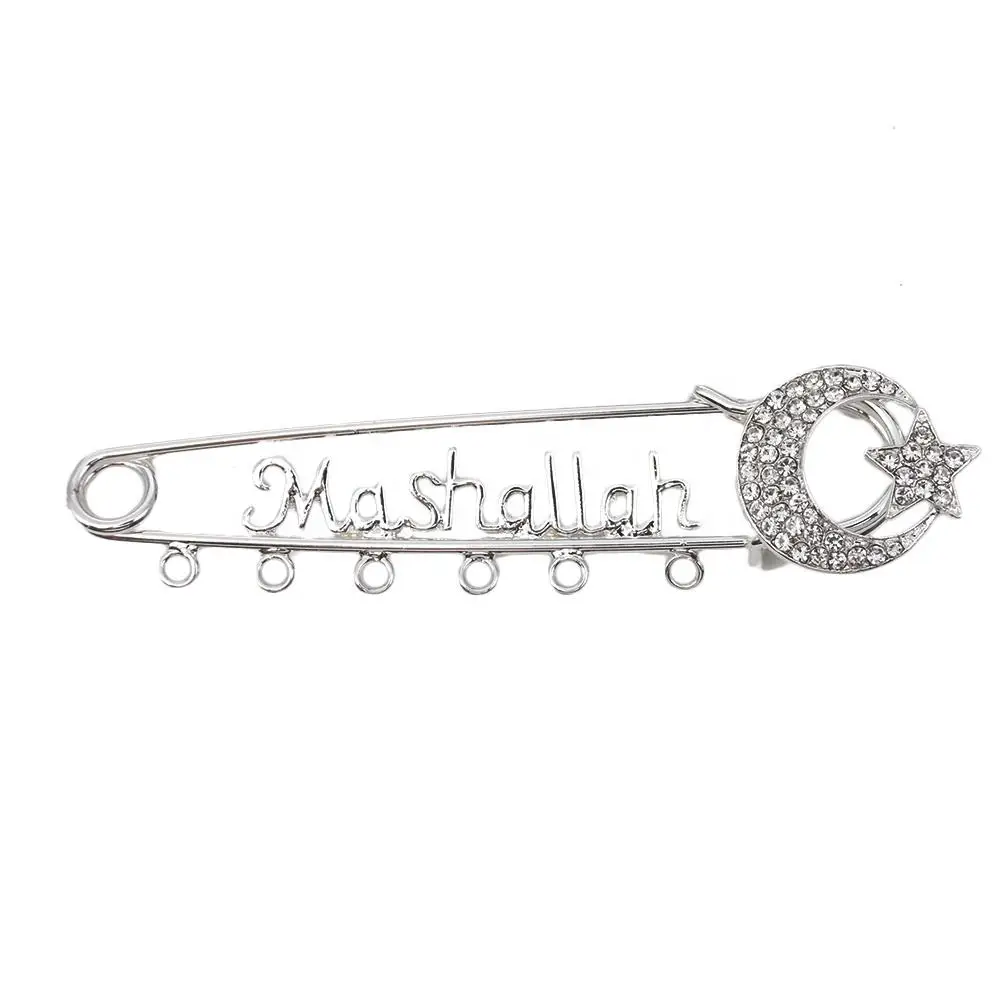 DIY 10cm 6 loops Mashallah brooches pin rhinestone Islamic Arabic allah Ayatul Kursi Mashallah Moon With Star Brooch baby pins