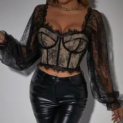 Lace Mesh Long Sleeve Top Camisole 2025 Woman Fashion Clothing Sexy Fit Backless Corset Party Clubwear Slim Bodyshaper Tank Tops