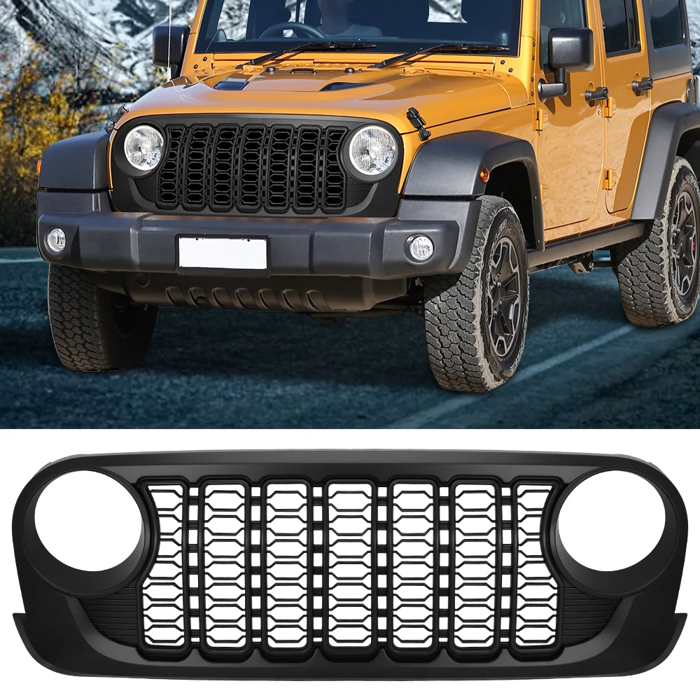 

2024 Car Front Grill Grille for Jeep Wrangler JK JKU 2007-2017 Lantsun J400 Black ABS Front Light Grill Guard Cover Replacement