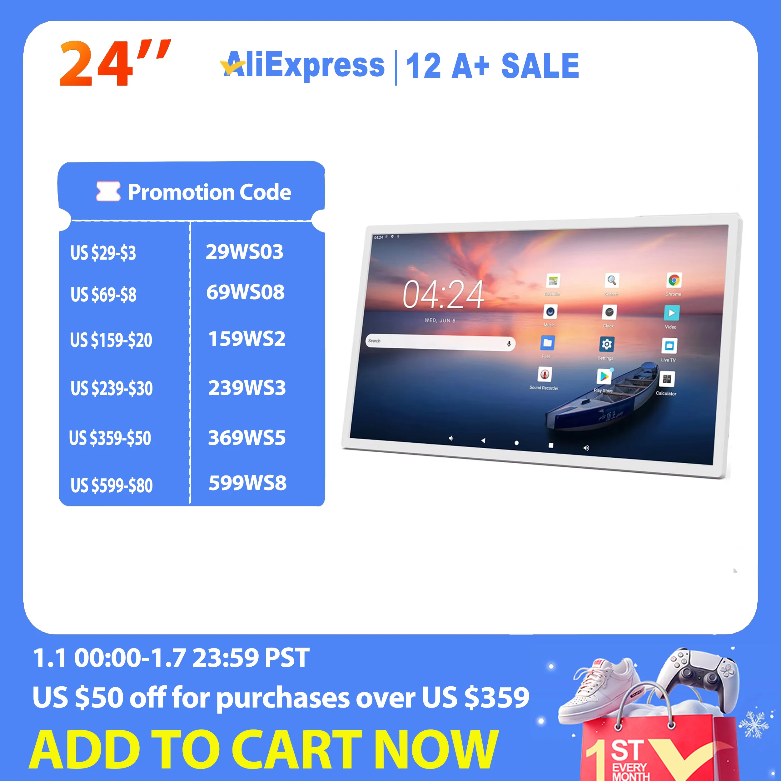 24 Inch Android 14 Wall-Mount Tablet 4G+32G Multi-media Player HDMI IN Touch Screen  White Color Large Memory Slim Display HDMI