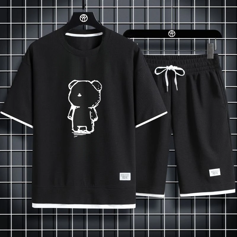 Men\'s sets 2024 new Waffle Summer Casual Tshirt + Shorts Suit basketball Tracksuit Letter print Solid color tracksuit loose suit