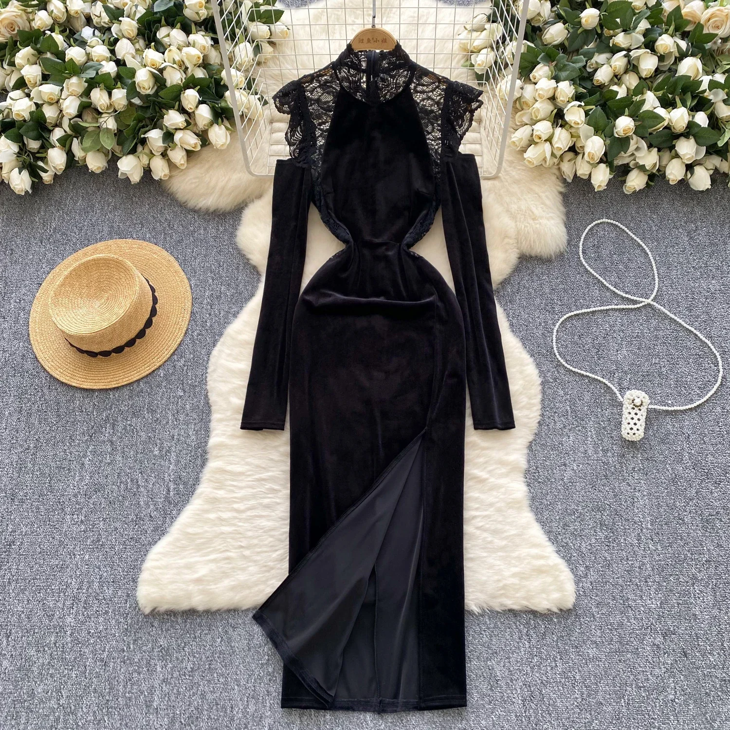 Elegant Mesh Embroidered Velour Vintage Off Shoulder Long Sleeves Split Long Dresses French Evening High Street Autumn Clothing