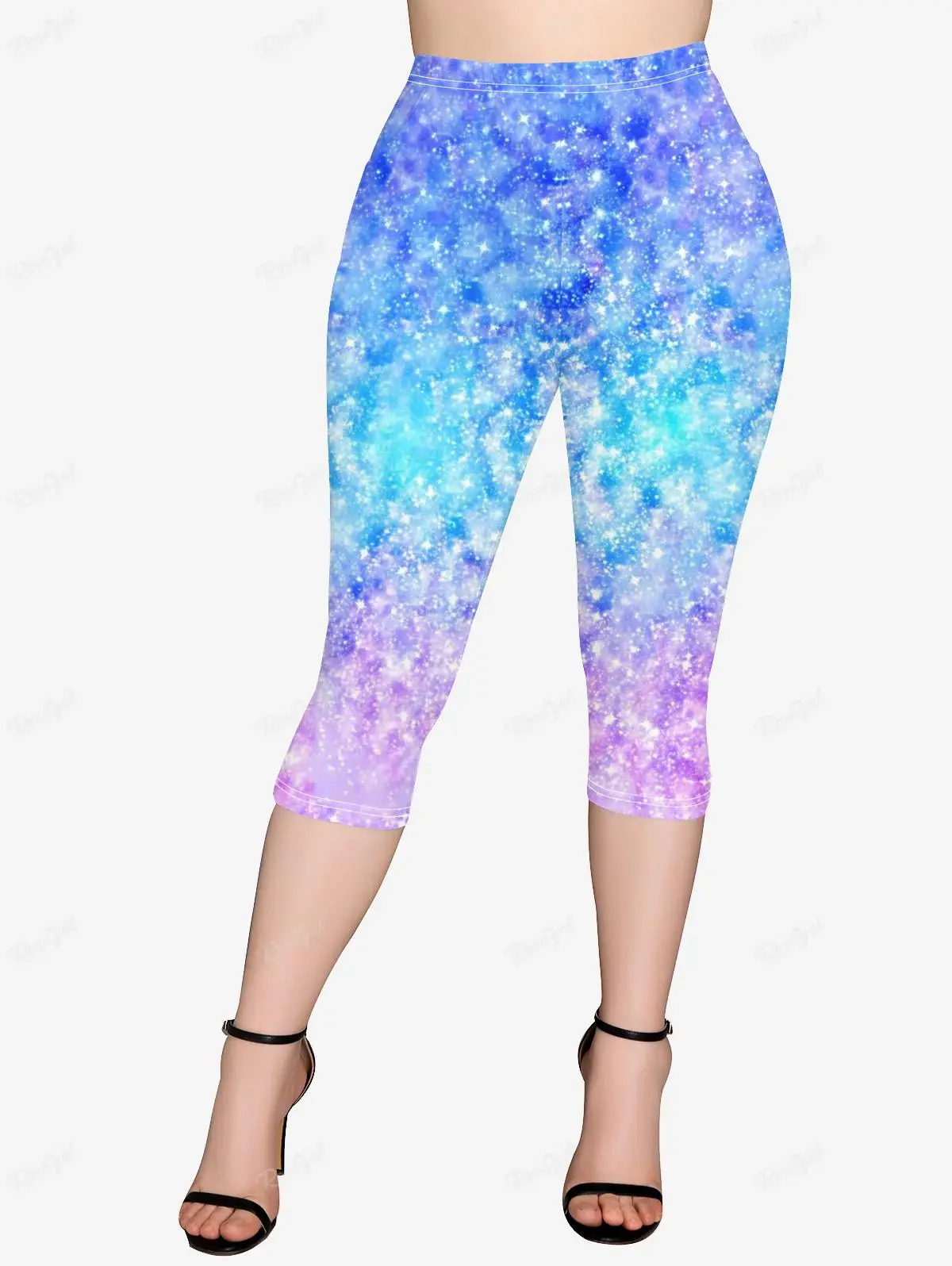 Plus Size Cinched Tank Top and Pockets Capri Leggings Outfit conjuntos para mujeres 2 piezas Ombre 3D Sparkling Sequin Printed