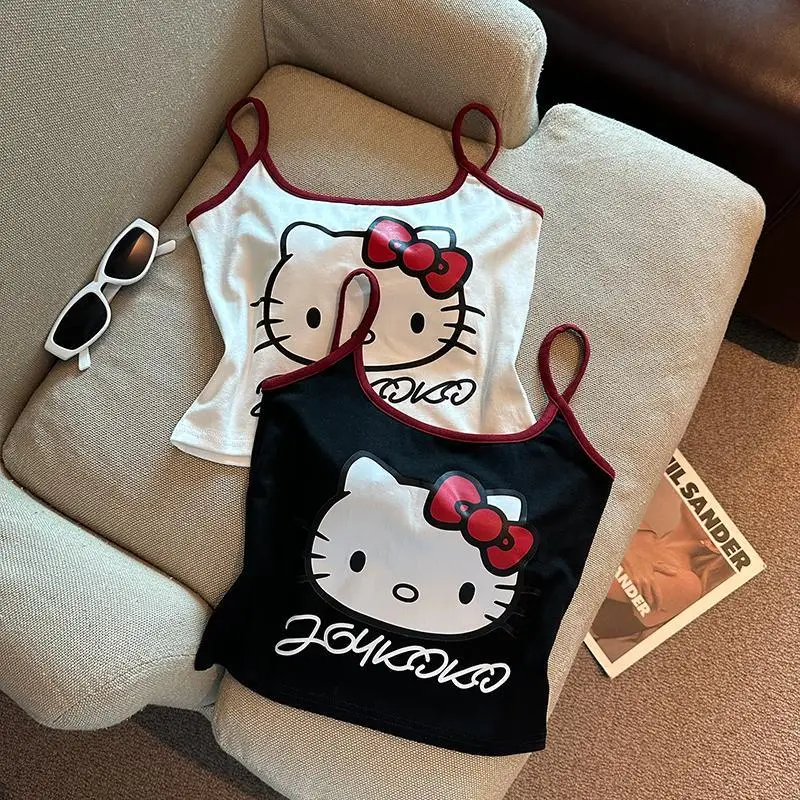 Cartoon Hello Kitty Printed Suspender Kawaii Y2K Bottoming Shirt Sweet Girly Heart Vest Sleeveless Beach Back Girl Gift