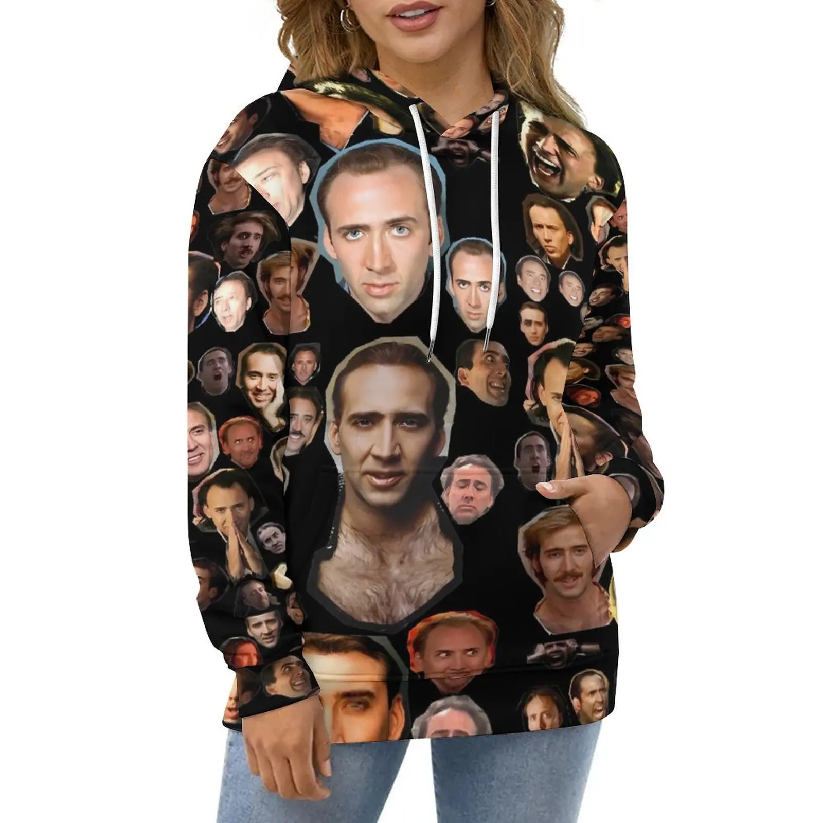 Nicholas Cage Faces Casual Hoodies Nick Cage Kawaii Hoodie Womens Long-Sleeve Korean Fashion Design Loose Oversized Clothing