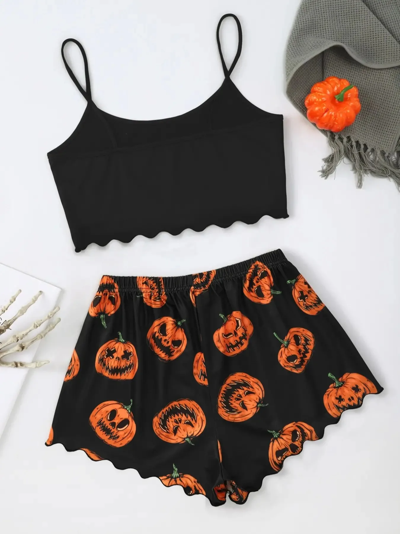 Women's Pajama Set Halloween Pumpkin Skeleton  Print Cami Top & Lettuce Trim Shorts Sleepwear & Loungewear